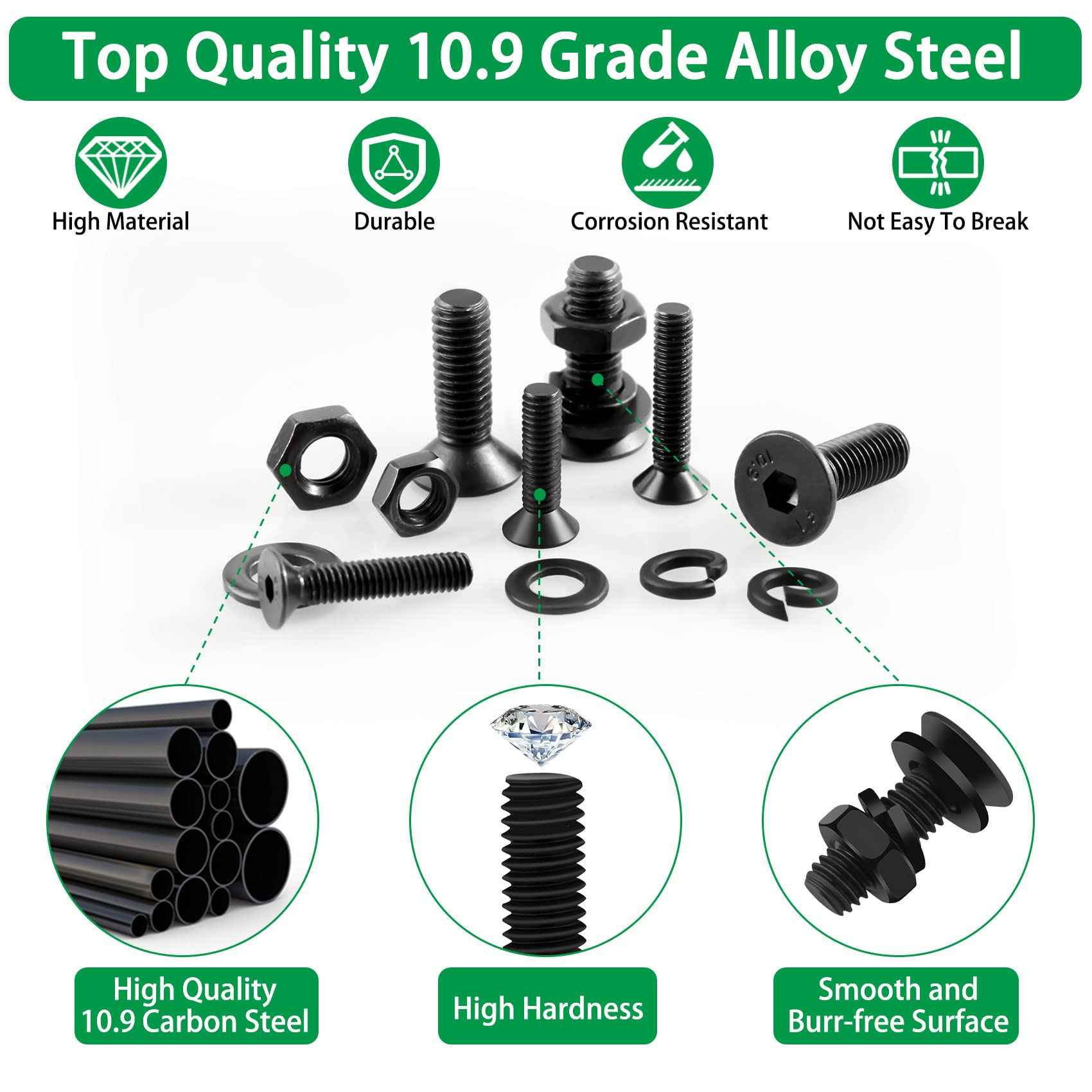 Metric Screws Suitable for 3D Printer DIY, 1500PCS M2 M3 M4 M5 M6 Screw and Nut Assortment Hex Socket Flat Head Cap 10.9 Grade Alloy Steel, Black Zinc Plated Metric Bolts and Nuts Assortment Kit