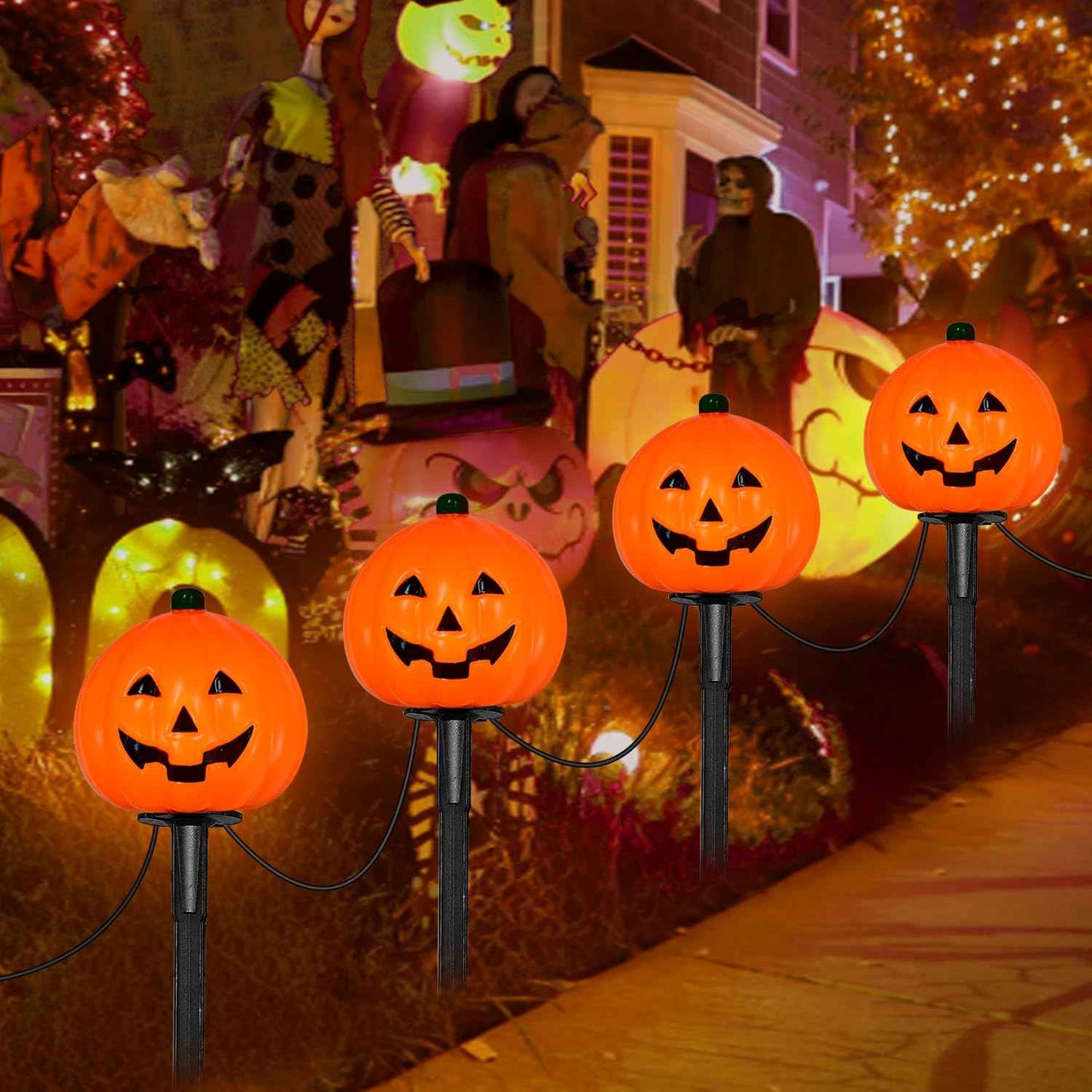7Ft Halloween Pathway Lights Pumpkin Walkway Lights Markers Lights Plug in Waterproof with 4 Pack LED Pumpkin Path Lights, for Halloween Decorations Outdoor Yard Path Camping Lighting Decor, 0.6W