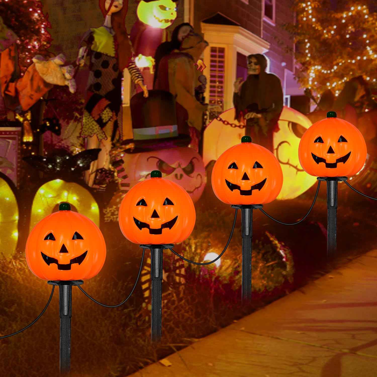 7Ft Halloween Pathway Lights Pumpkin Walkway Lights Markers Lights Plug in Waterproof with 4 Pack LED Pumpkin Path Lights, for Halloween Decorations Outdoor Yard Path Camping Lighting Decor, 0.6W
