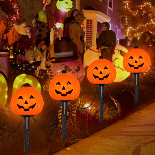 7Ft Halloween Pathway Lights Pumpkin Walkway Lights Markers Lights Plug in Waterproof with 4 Pack LED Pumpkin Path Lights, for Halloween Decorations Outdoor Yard Path Camping Lighting Decor, 0.6W