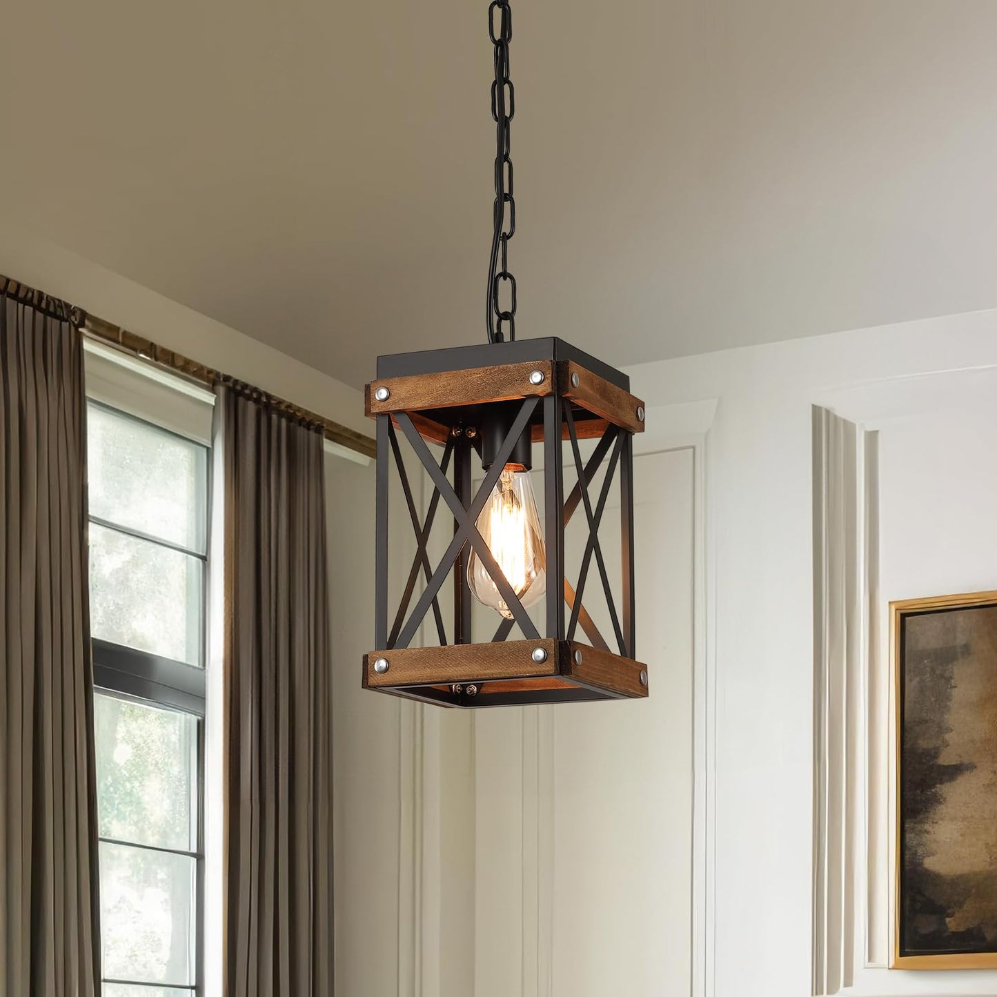 2 Pack Rustic Farmhouse Plug in Pendant Light Fixture with Adjustable Chain, Oak Wood and Metal Lantern Cage Mini Hanging Lamp for Kitchen Island Living Room Hallway Farmhouse Bar, Black