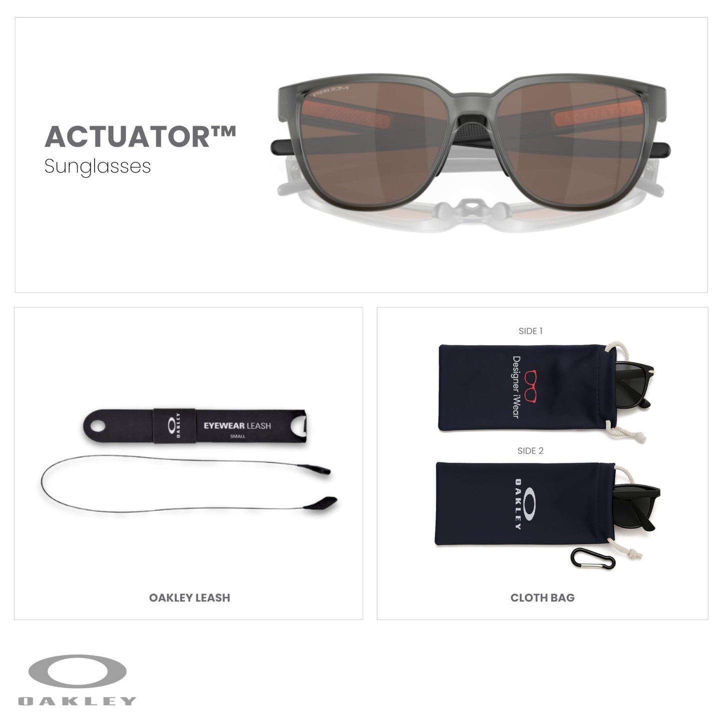 Oakley Actuator OO9250 925003 57MM Matte Grey Smoke/Prizm Tungsten Rectangular Sunglasses for Men+ Bundle Accessory Leash Kit, Microfiber Pouch