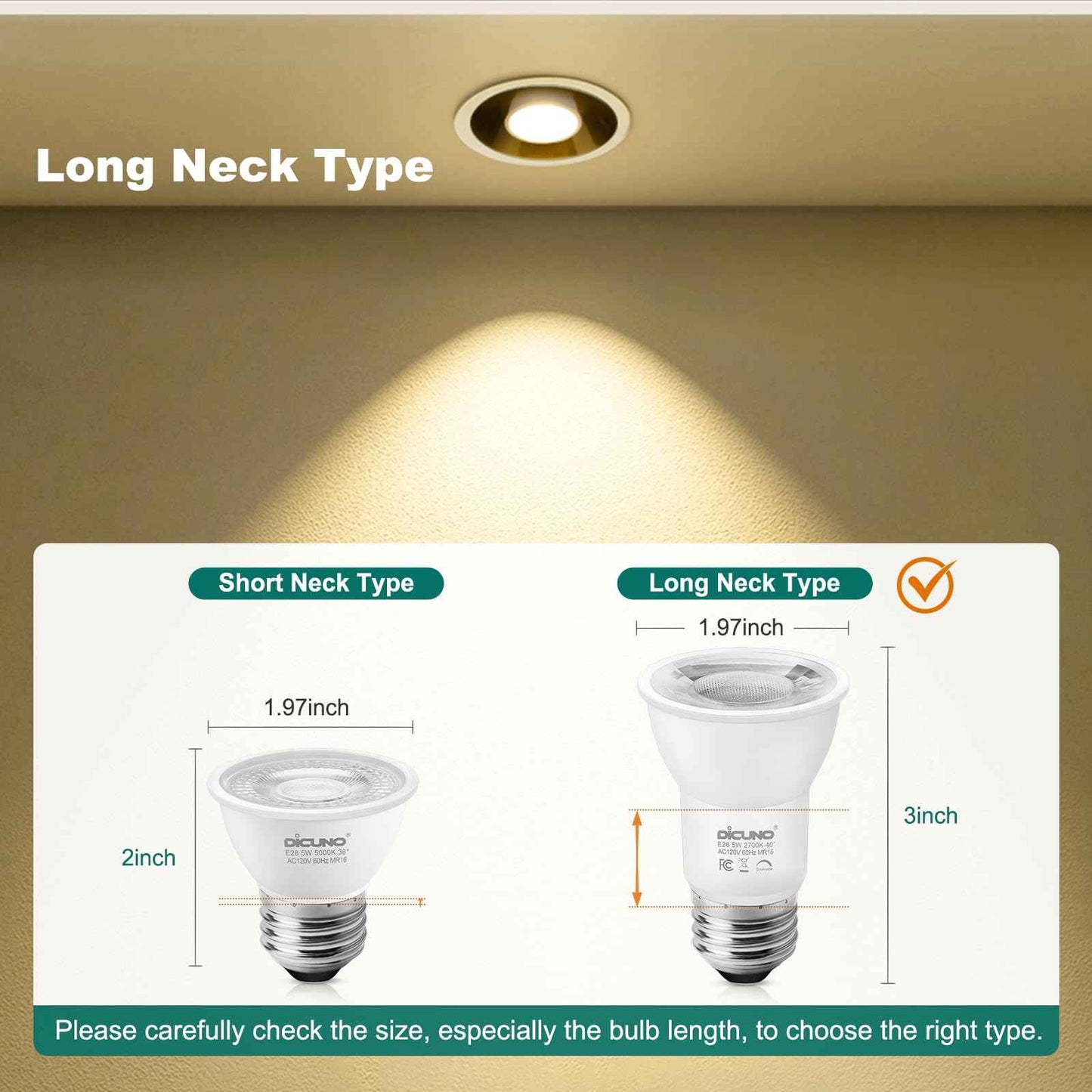 DiCUNO PAR16 LED Bulb Dimmable, 5W Long Neck Spotlight Bulb, 500Lumen, 40° Beam Angle, Warm White 2700K, 50W Equivalent E26 LED for Recessed Light, Curio Cabinet, Pack of 6