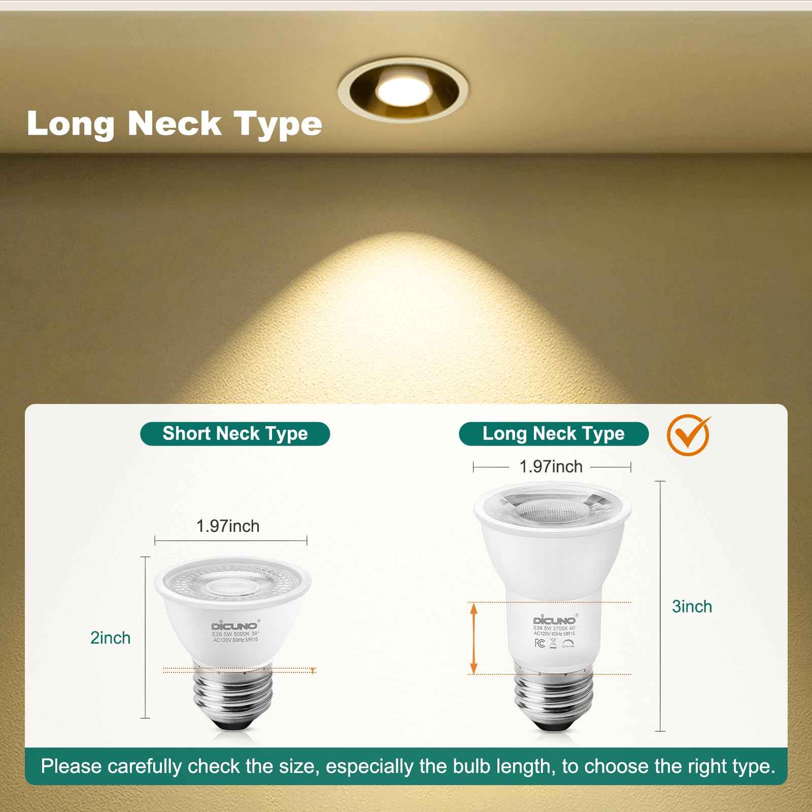 DiCUNO PAR16 LED Bulb Dimmable, 5W Long Neck Spotlight Bulb, 500Lumen, 40° Beam Angle, Warm White 2700K, 50W Equivalent E26 LED for Recessed Light, Curio Cabinet, Pack of 6