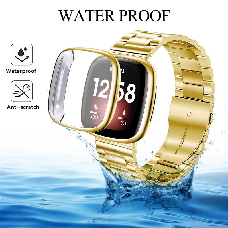 ZPJPPLX for Fitbit Versa 3 and Fitbit Sense Metal Quick Release Straps,Stainless Steel Band with Soft TPU Full Cover Protective Cases for Women Men,Gold