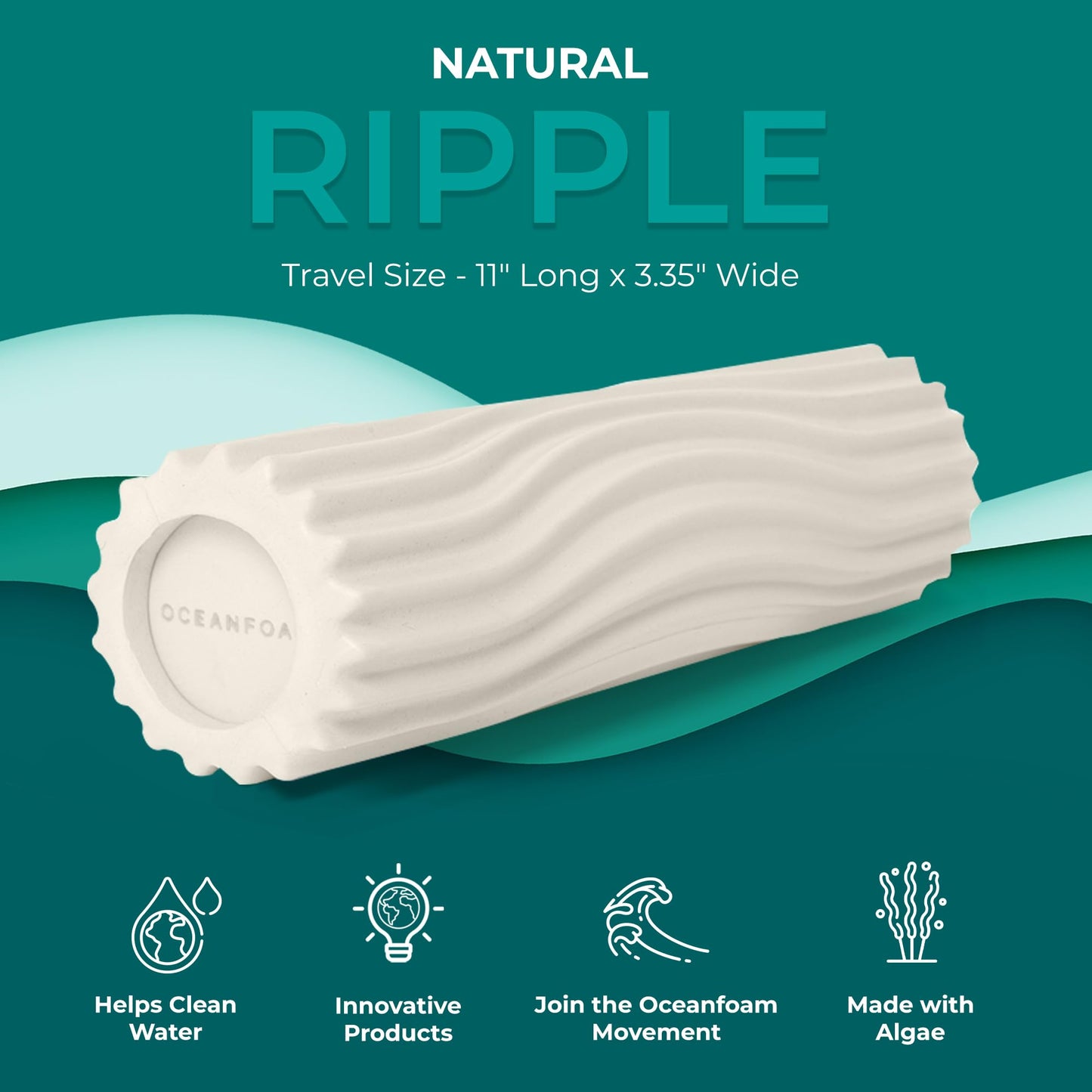 Oceanfoam Ripple Travel Foam Roller (11" x 3.35") Firm Mini Foam Roller for Physical Therapy, Deep Tissue Massage, Back Pain - High Density, Ergonomic Wave Textured - Yoga, Pilates, Exercise (Natural)