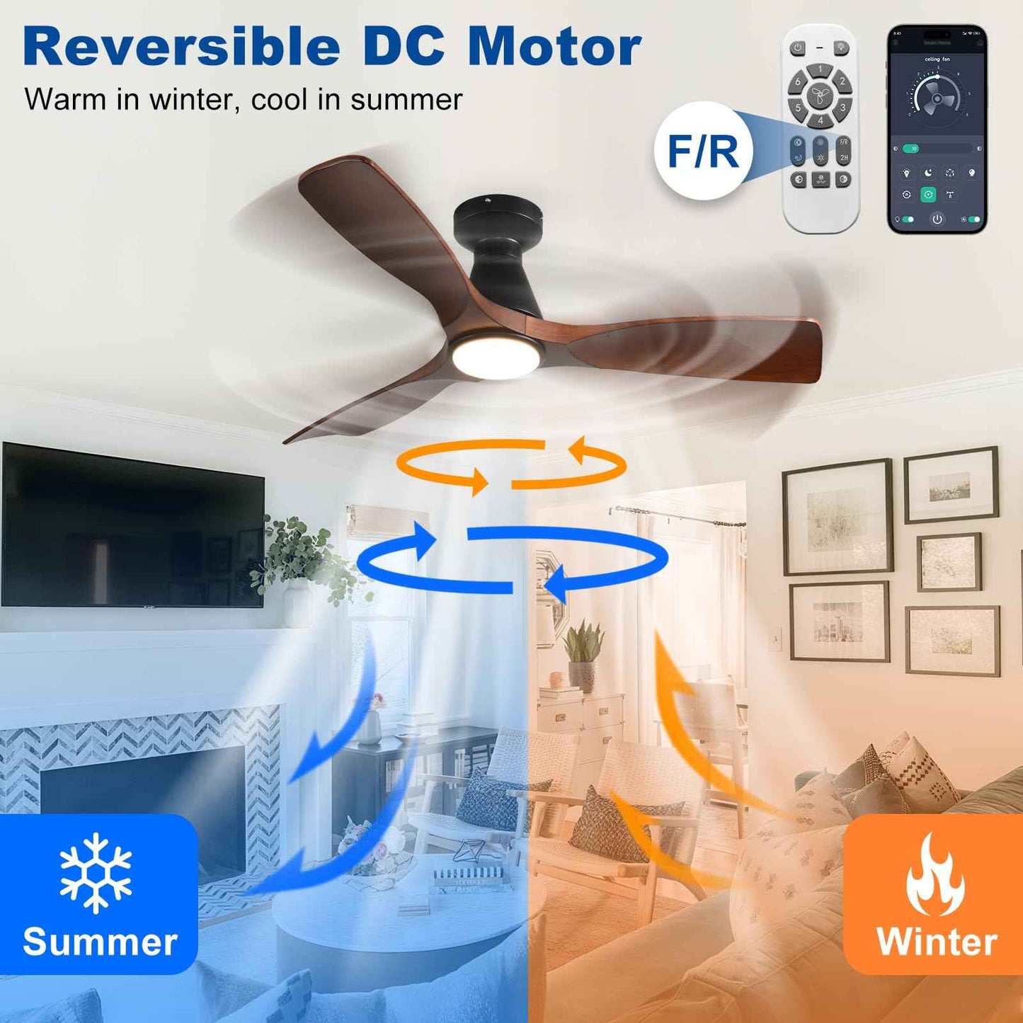 DLLT 42-Inch Ceiling Fans with Lights: Flush Mount Ceiling Fan 3 Blades for Indoor Outdoor - Dimmable Ceiling Fan with Remote APP Control Noiseless DC Motor for Low Profile Bedroom