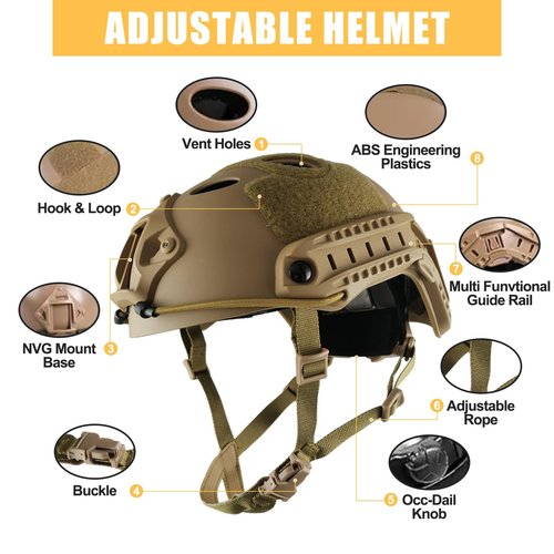 Airsoft Helmet,GWEUZMALL PJ Type Tactical Paintball,Airsoft Adjustable Fast Helmet with Accessories,Military Gear (TAN)
