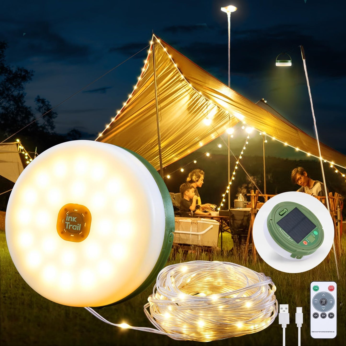 Solar Camping String Lights, Retractable Waterproof 33FT LED Camp Light with 8 Light Modes, Rechargeable 3000mAh Battery Powered Fairy Lights with Remote for Outdoor, Tent, RV, Patio, Awning, Party
