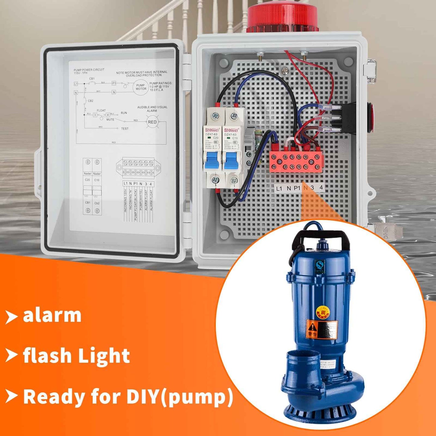 MXLTYMX High Water Alarm, Septic Tank Alarm , Sump Pump Alarm with Light and 110 Db Alarm ， Automatic Or Manual Start Water Pump