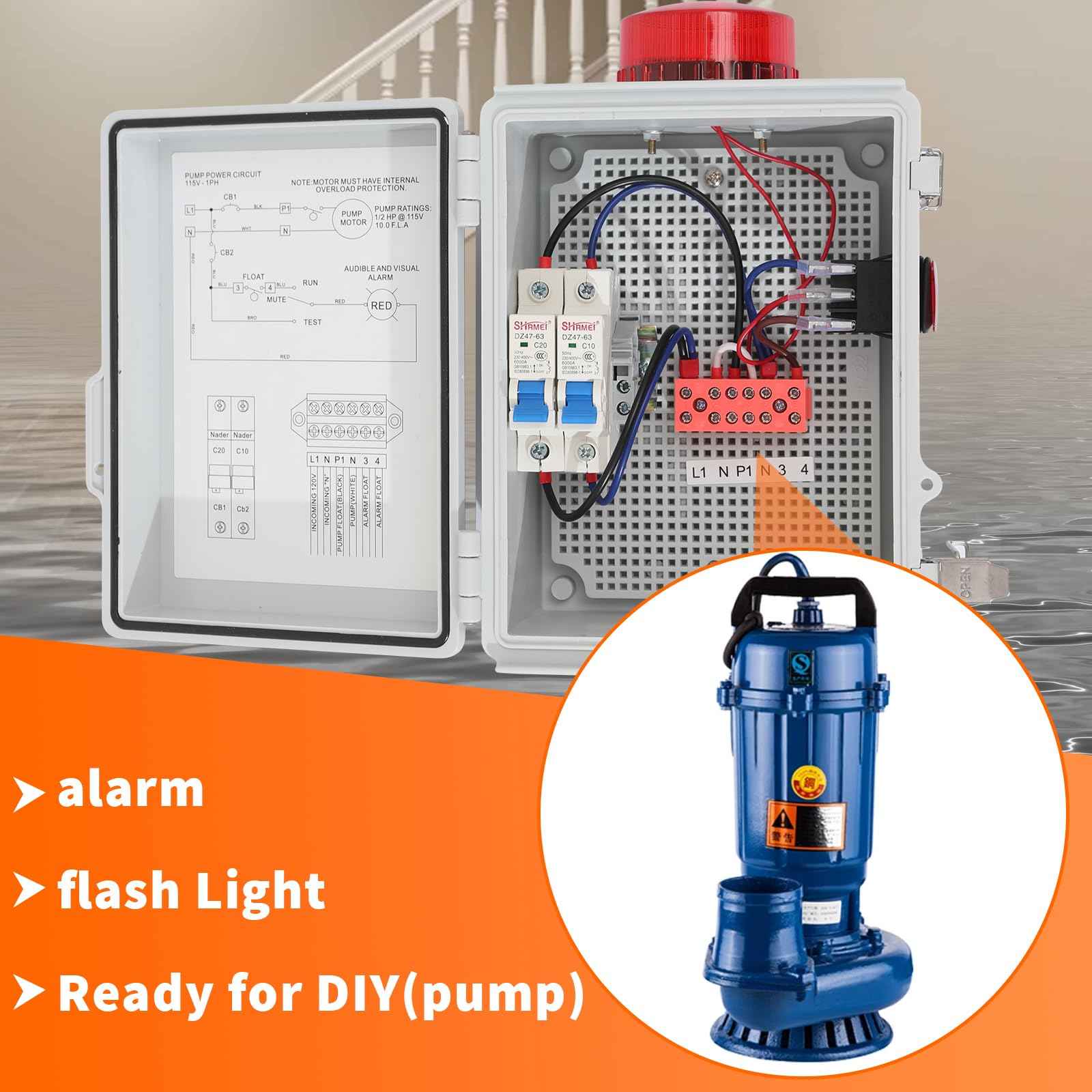 MXLTYMX High Water Alarm, Septic Tank Alarm , Sump Pump Alarm with Light and 110 Db Alarm ， Automatic Or Manual Start Water Pump