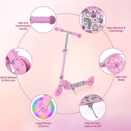 LEADER RIDER Scooters for Kids 3+ with Led Light Up Wheels, Lightweight Foldable Kids Kick Scooters for Girls(Pink)