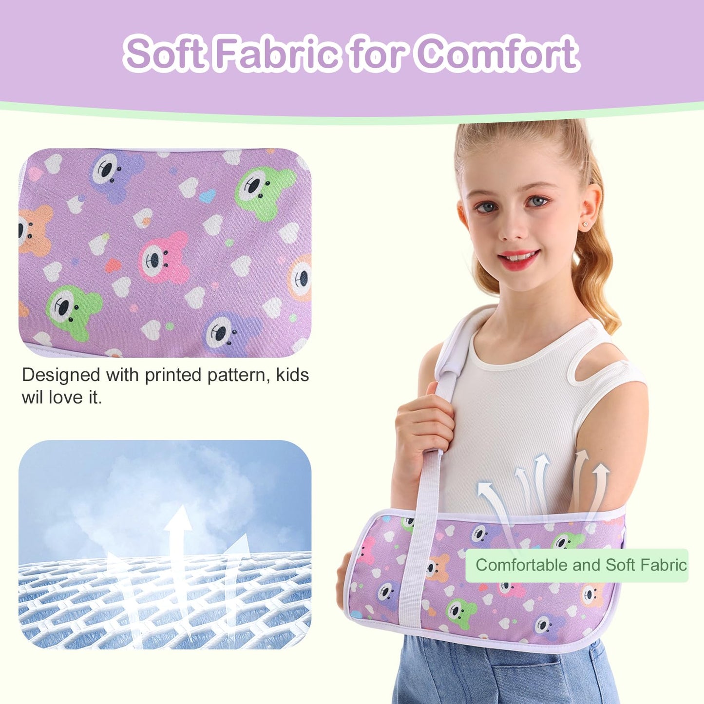Ledhlth Kids Arm Sling for Broken Arm, Torn Rotator Cuff, Shoulder Elbow Wrist Injury, Printed Pediatric Brace Support (Purple Bear, Small)