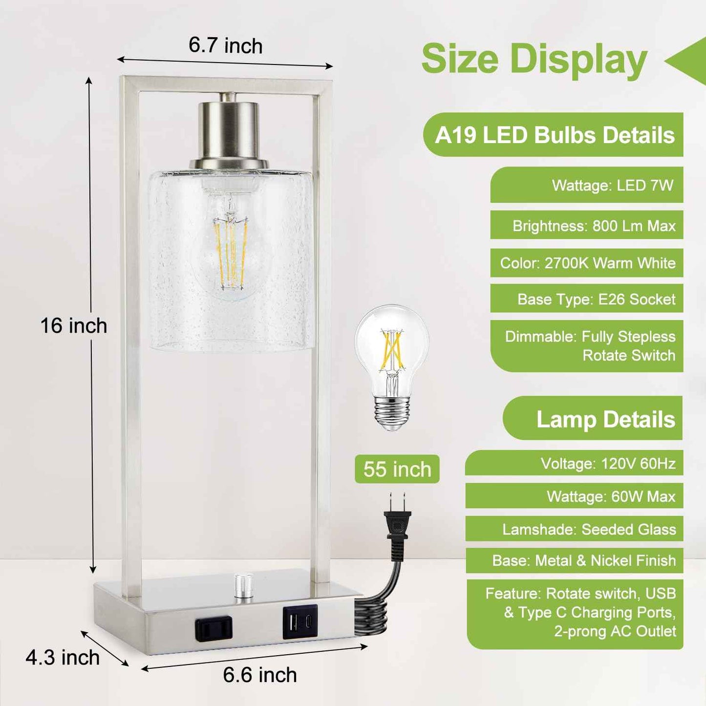 16" Set of 2 Nickel Industrial Table Lamps with USB A+C Charging Ports and AC Outlet, Fully Stepless Dimmable Bedside Lamps with Seeded Glass Shade for Bedroom Living Room Office, LED Bulbs Included