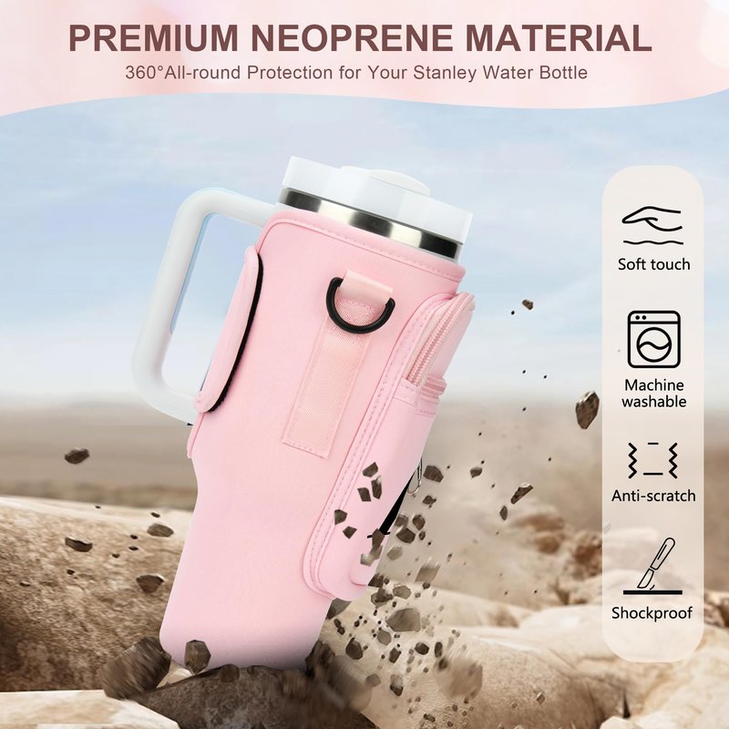 Water Bottle Holder with Adjustable Strap for Stanley Cup 40 oz Tumbler with Handle, Personalized Initial, Neoprene Water Bottle Carrier Bag with Phone Pocket & Carabiner for Stanley Cup Accessories