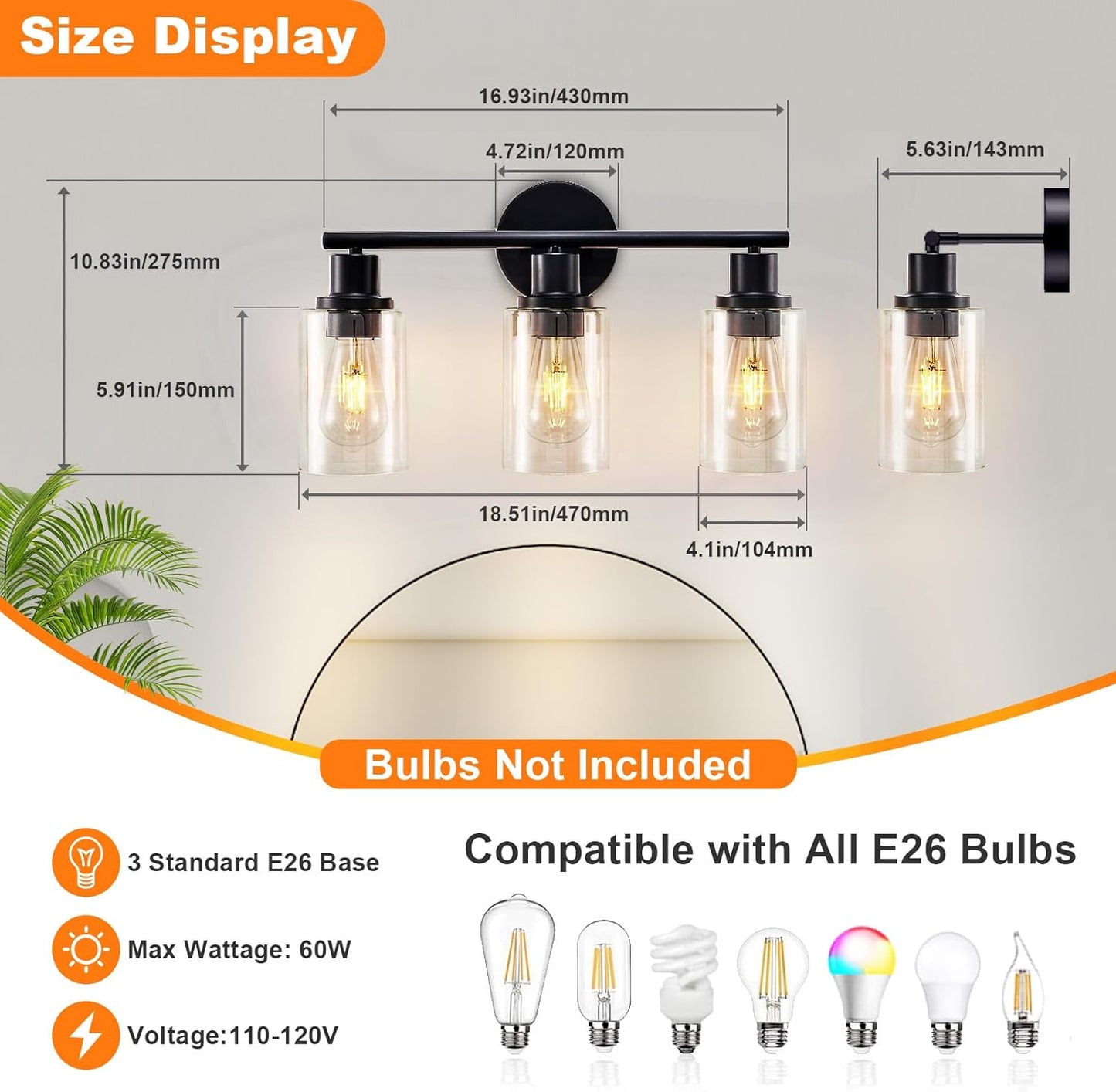Modern Black 3-Light Bathroom Vanity Light Fixture with Clear Glass Shades - 2 Pack