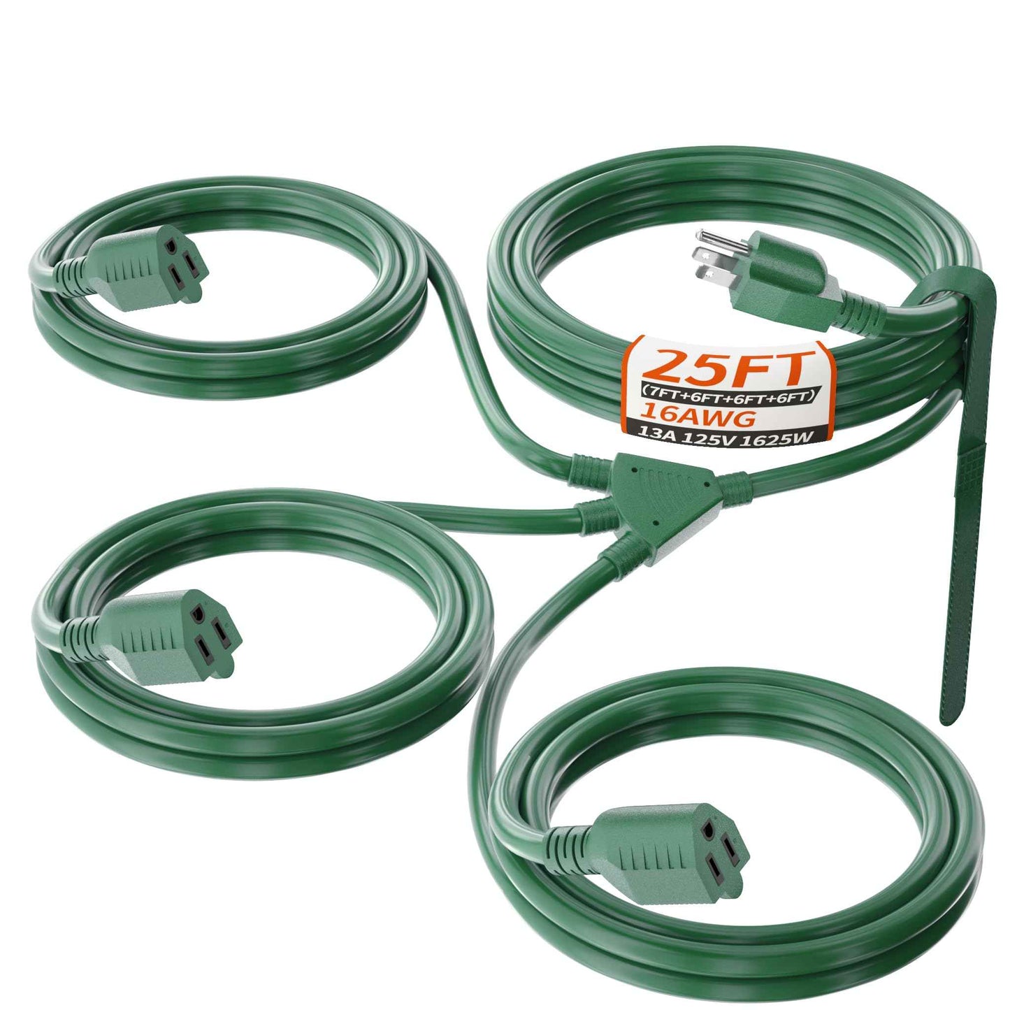 PlugSaf 1 to 3 Splitter Outdoor Extension Cord with Multiple Outlets; 25FT Total (7+6+6+6) 13FT End to End; 16/3 SJTW Green Extension Cord Outdoor Waterproof for Halloween Christmas; 16AWG 1625W ETL