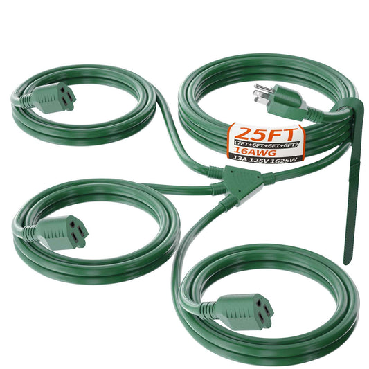 PlugSaf 1 to 3 Splitter Outdoor Extension Cord with Multiple Outlets; 25FT Total (7+6+6+6) 13FT End to End; 16/3 SJTW Green Extension Cord Outdoor Waterproof for Halloween Christmas; 16AWG 1625W ETL