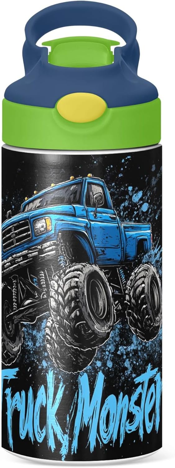 Monster Truck Water Bottle - Vacuum Insulated Stainless Steel with Straw & Handle | 12 oz Green Lid for Kids 4-8 Years Old