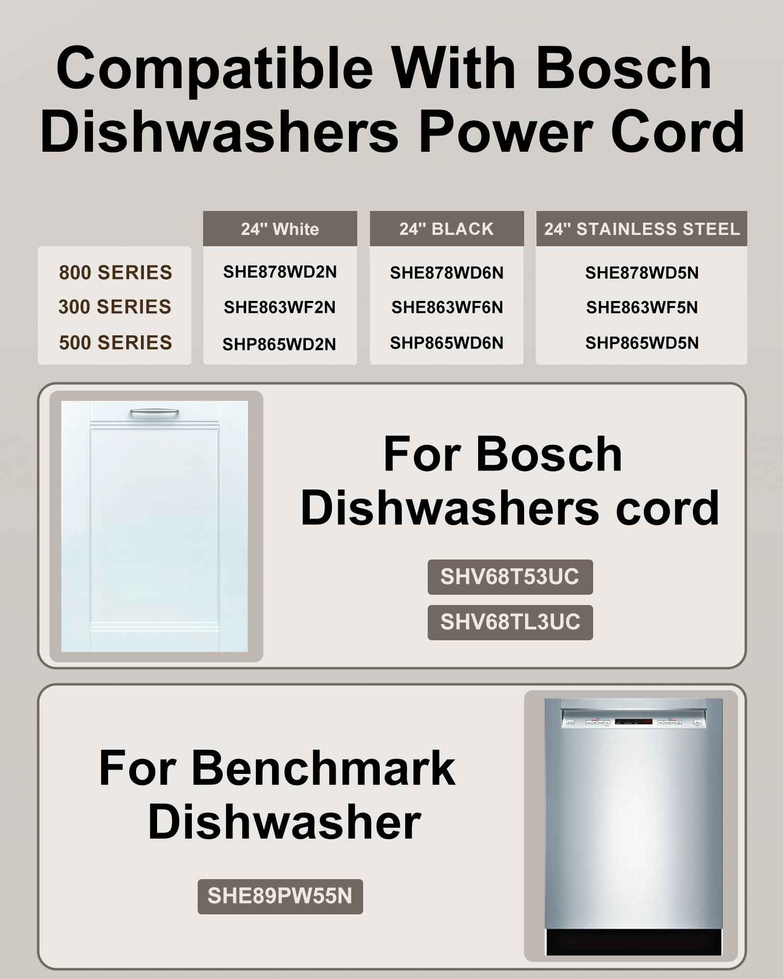 VHBW for Bosch Dishwashers Power Cord SMZPC002UC-00747210, Compatible with 24'' Bosch 800/300/500 Series Power Cord, Works with 00752018 Junction Box Plug Adapter (13A-16AWG)