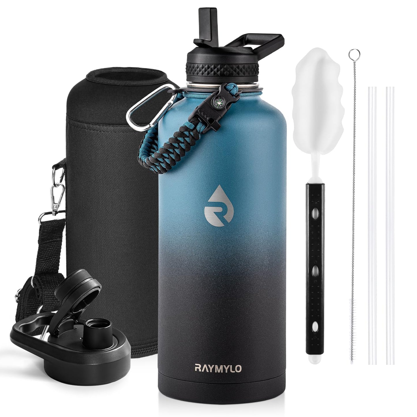 RAYMYLO Insulated Water Bottle 87 oz, Triple Wall Vacuum Stainless Steel (Cold for 48 Hrs), Leak Proof & Non-BPA, Modern Water Flask Jug with Paracord Handle & Straw Spout Lids, Indigo/Black