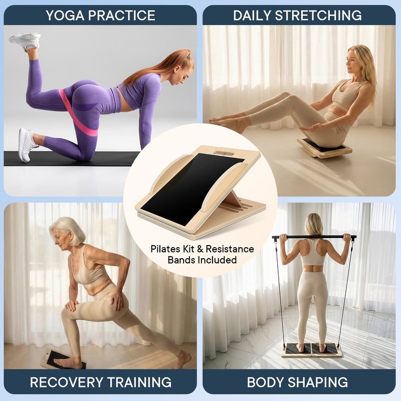 Versatile Wooden Slant Board, Convertible to Balance & Pilates Board, Adjustable Angles, Includes Full Pilates Kit, Supports Up to 360lbs, Calf Stretch, Squats, Knee, Ankle, Heel & Leg Training