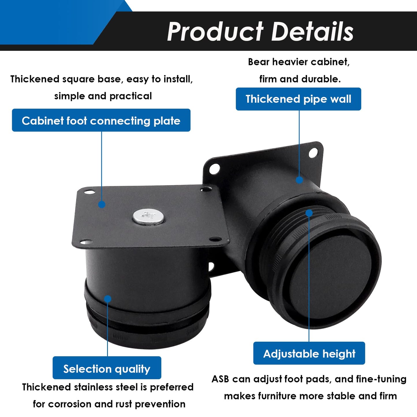 Eoppen 4-Pack 2 Inch Furniture Legs, Stainless Steel Adjustable Round Cabinet Legs with 16Pcs Screw for Cabinet Sofa Shelves Table DIY Furniture(Black 50x50mm)