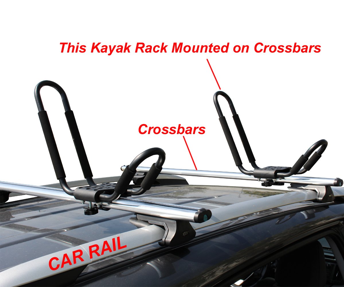 TMS Kayak Roof Racks for 2 Kayaks - Dual Universal Fit Carriers Include Two Sets of Straps for Cars, Trucks and SUVs - Easy to Mount J-Bar Style Carriers for Kayaks Canoes Paddleboards and Surfboards