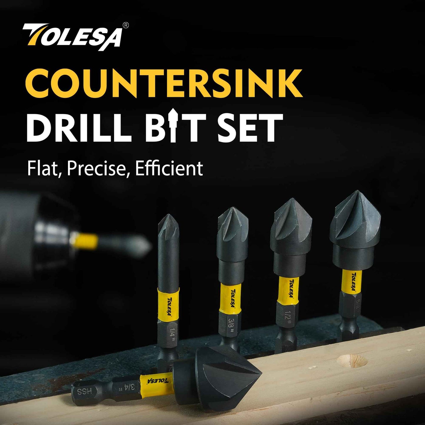 TOLESA 5PCS Countersink Drill Bit Set with 82 Degree 5 Flutes Design, Nitride Coating HSS 1/4" Hex Shank Counter Sink Drill Bit for Wood, Metal, Plastic in Size 1/4” 3/8” 1/2” 5/8” 3/4”