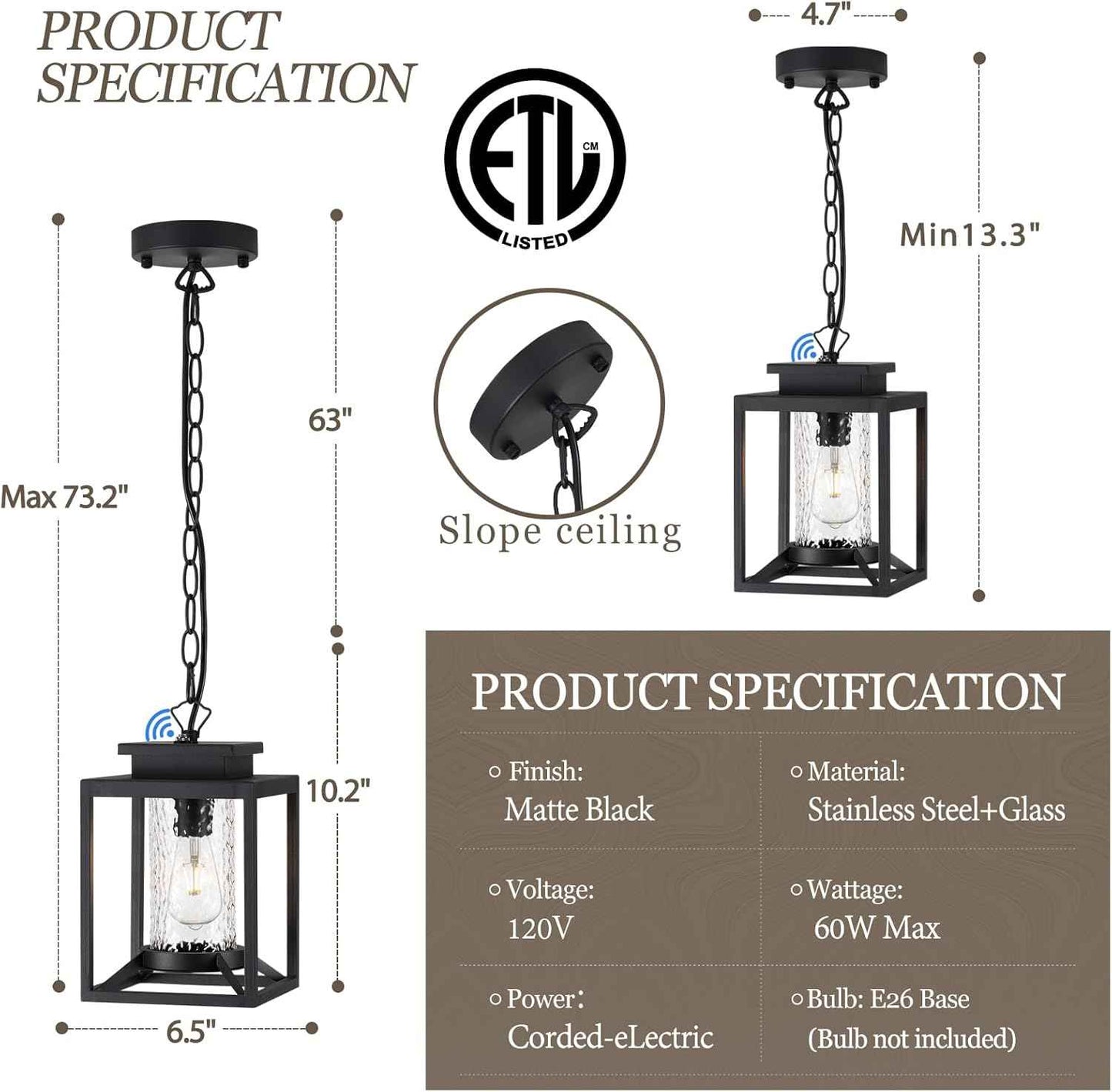 Modern Black Outdoor Pendant Light - 1-Light Hanging Lantern for Porch & Gazebo