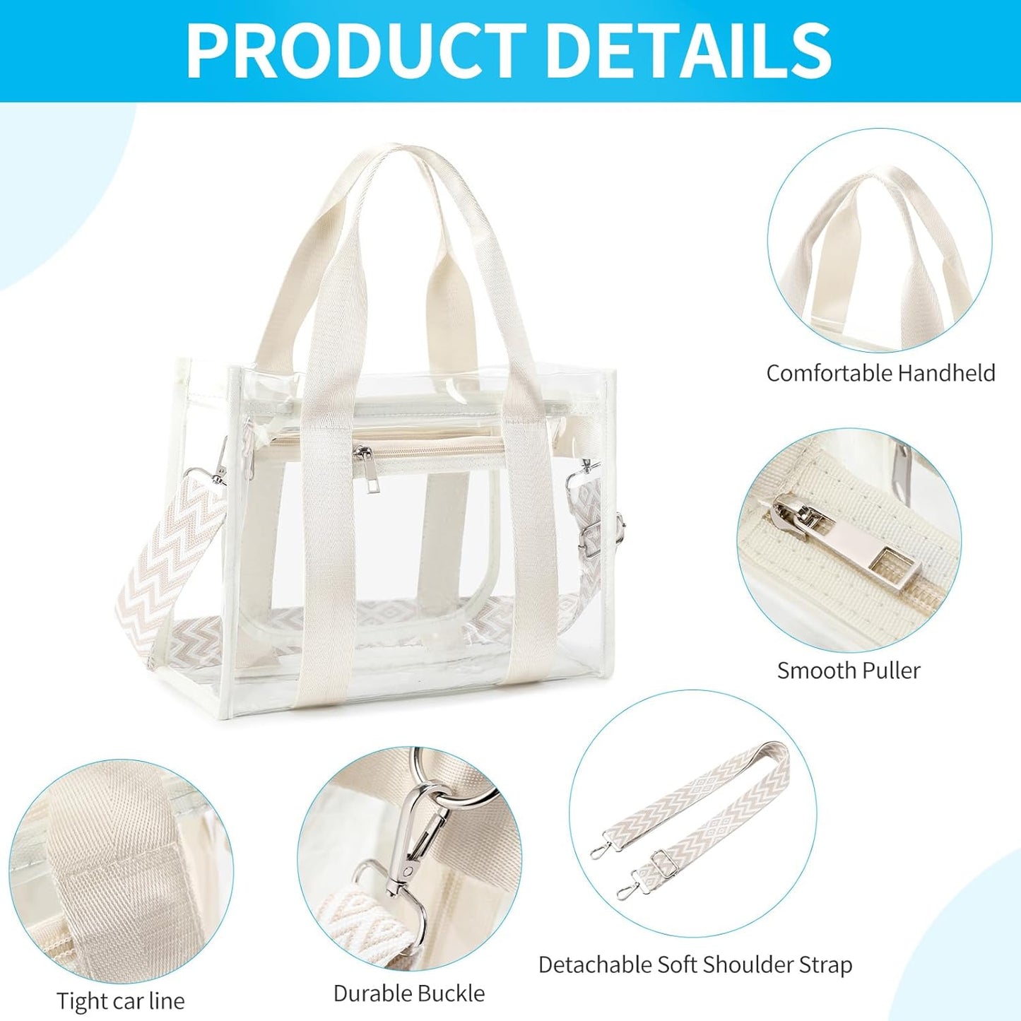 Skiennix Clear Stadium Bag - Large Tote with Inner & Outer Zipper Pockets for Events, Concerts, Beach