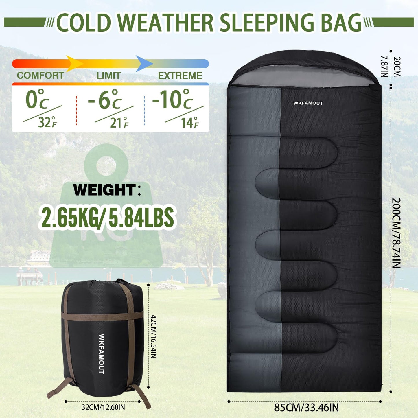WKFAMOUT 0 Degree Sleeping Bags Waterproof for Adults, Cold Weather Machine Washable Sleeping Bag with Compression Sack for 3-4 Season Camping Outdoor