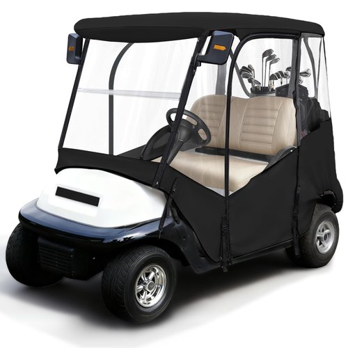 iLSKW Golf Cart Driving Enclosure 2 Passenger Only for Club Car Precedent 2004-Up, Tempo & Onward 2017-Up Cart with Roll Up Door Zipper Design, 4-Side Clear Windows 600D Heavy Duty Rain Cover, Black