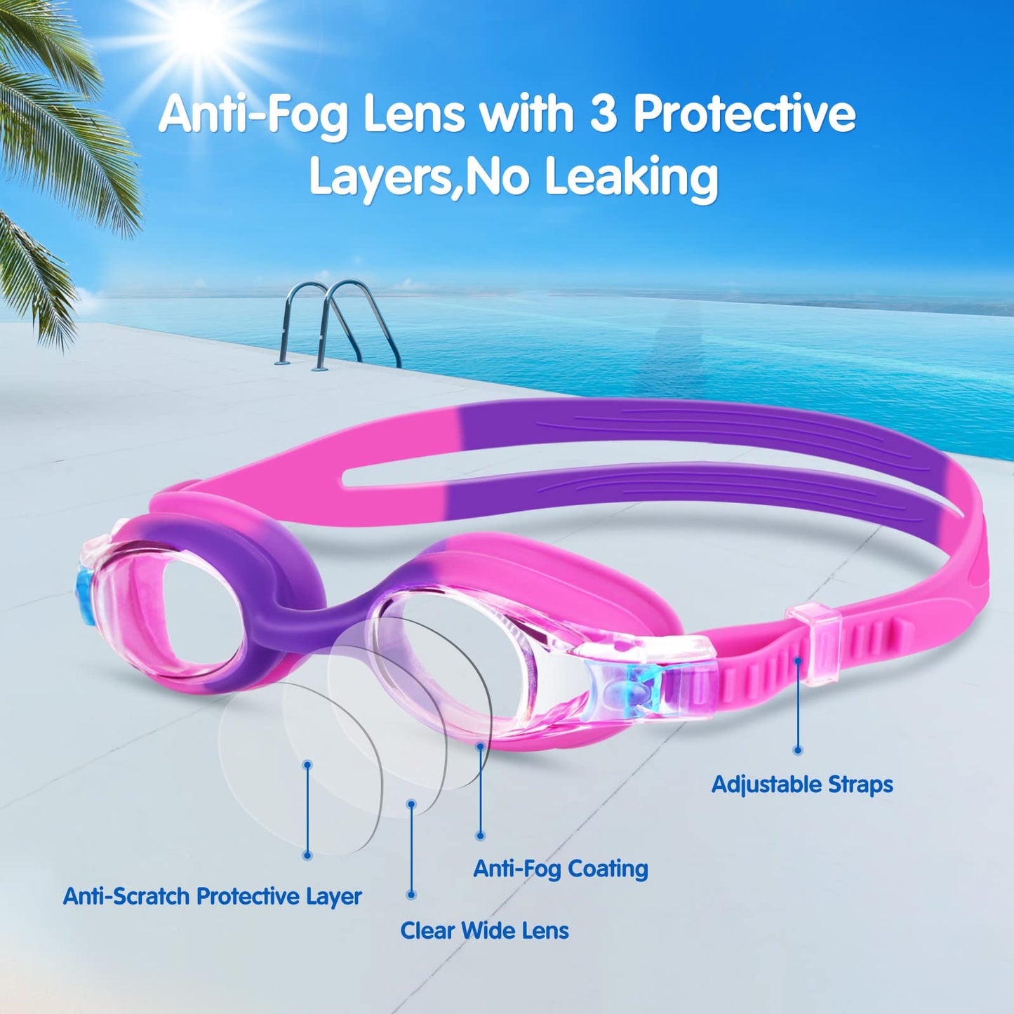 Starweh Kids Swim Goggles 2 Pack, Anti Fog No Leak Swimming Goggles for Boys Girls Ages 6-14, Wide View Soft Silicone Swim Goggles Kids – Blue, Purple & Pink