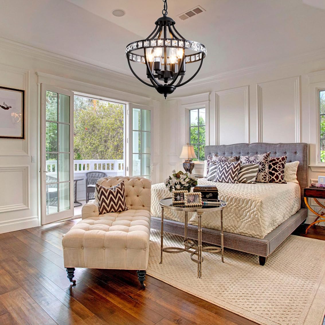 Threebro Crystal Chandeliers，Farmhouse Ceiling Chandelier Rustic Vintage Black Pendant Hanging Lighting for Dining Room Living Room Entryway Kitchen Island Bedroom Foyer Lighting（4-Light）