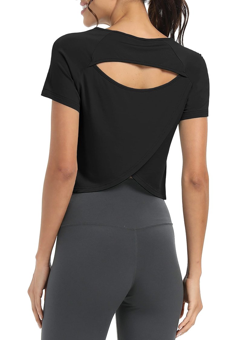 Bestisun Athletic Exercise Sports Activewear Running Shirts Open Back Yoga Gym Casual Sports Crop Tops Black S