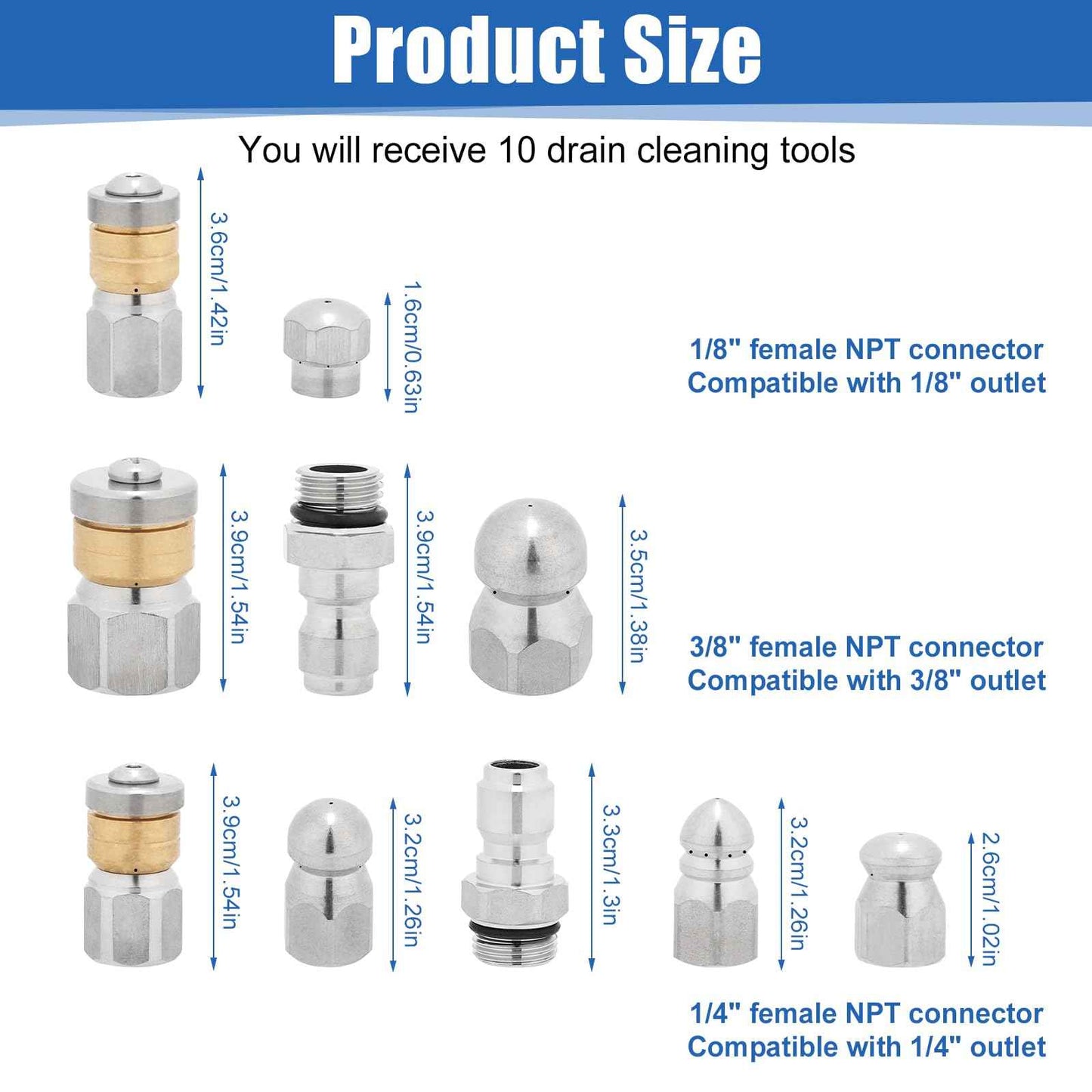 10pcs Sewer Jetter Nozzle Kit Stainless Steel, Pressure Washer Sewer Jetter Nozzle, 1/4" & 3/8" NPT Quick Connectors, 5000 PSI