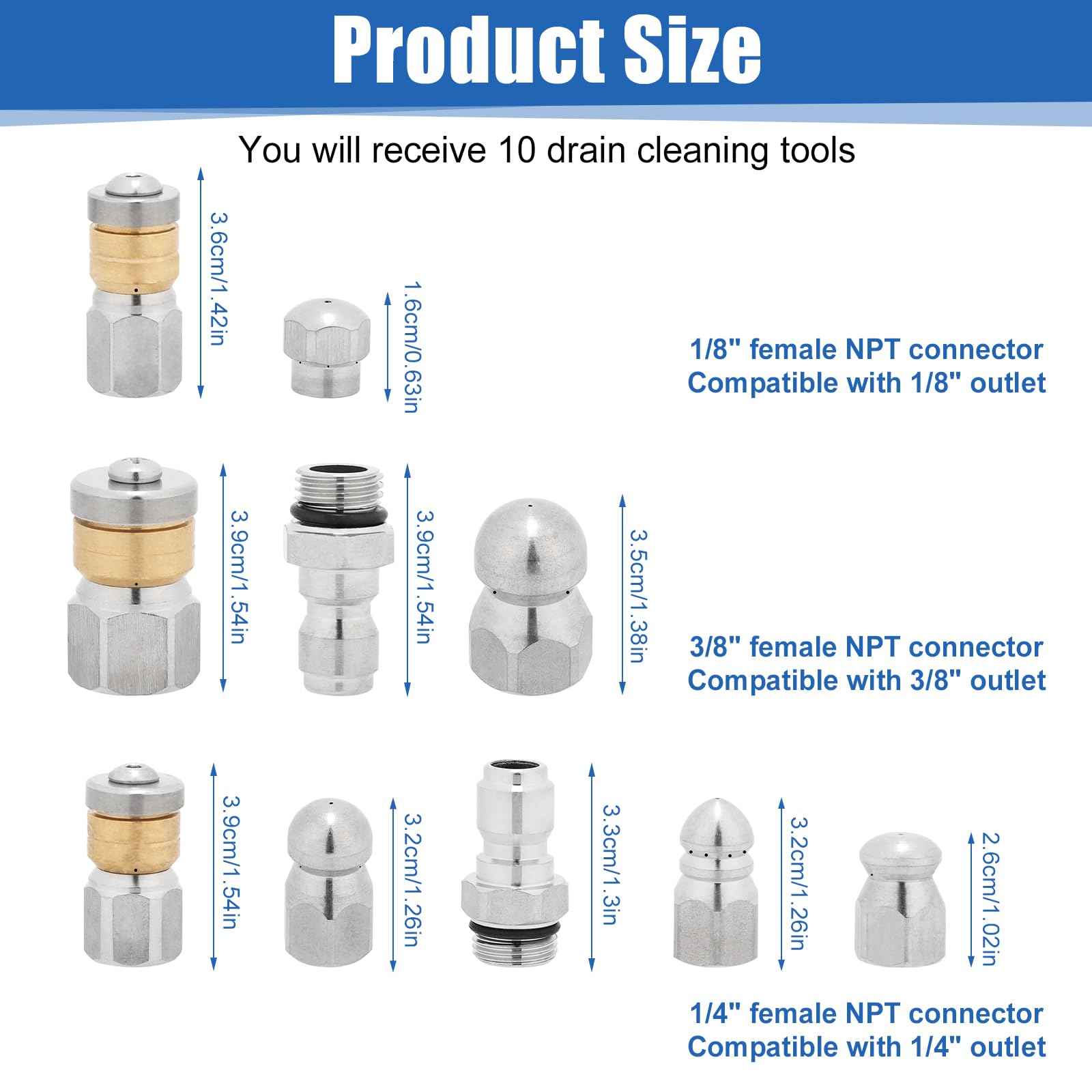 10pcs Sewer Jetter Nozzle Kit Stainless Steel, Pressure Washer Sewer Jetter Nozzle, 1/4" & 3/8" NPT Quick Connectors, 5000 PSI