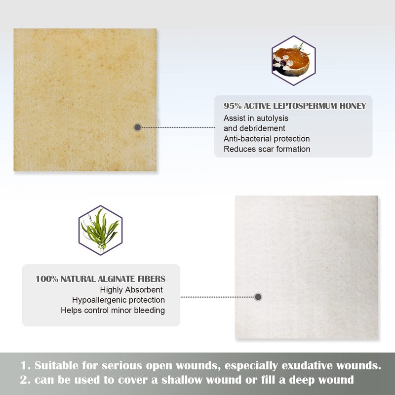 [Pack of 10] Honey Calcium Alginate Dressing 2”x2”, Honey Wound Patches with Calcium, Fast Healing Honey Pads for Bedsores, Surgical Wound, Diabetic Foot Ulcers, Burns and Skin Tears