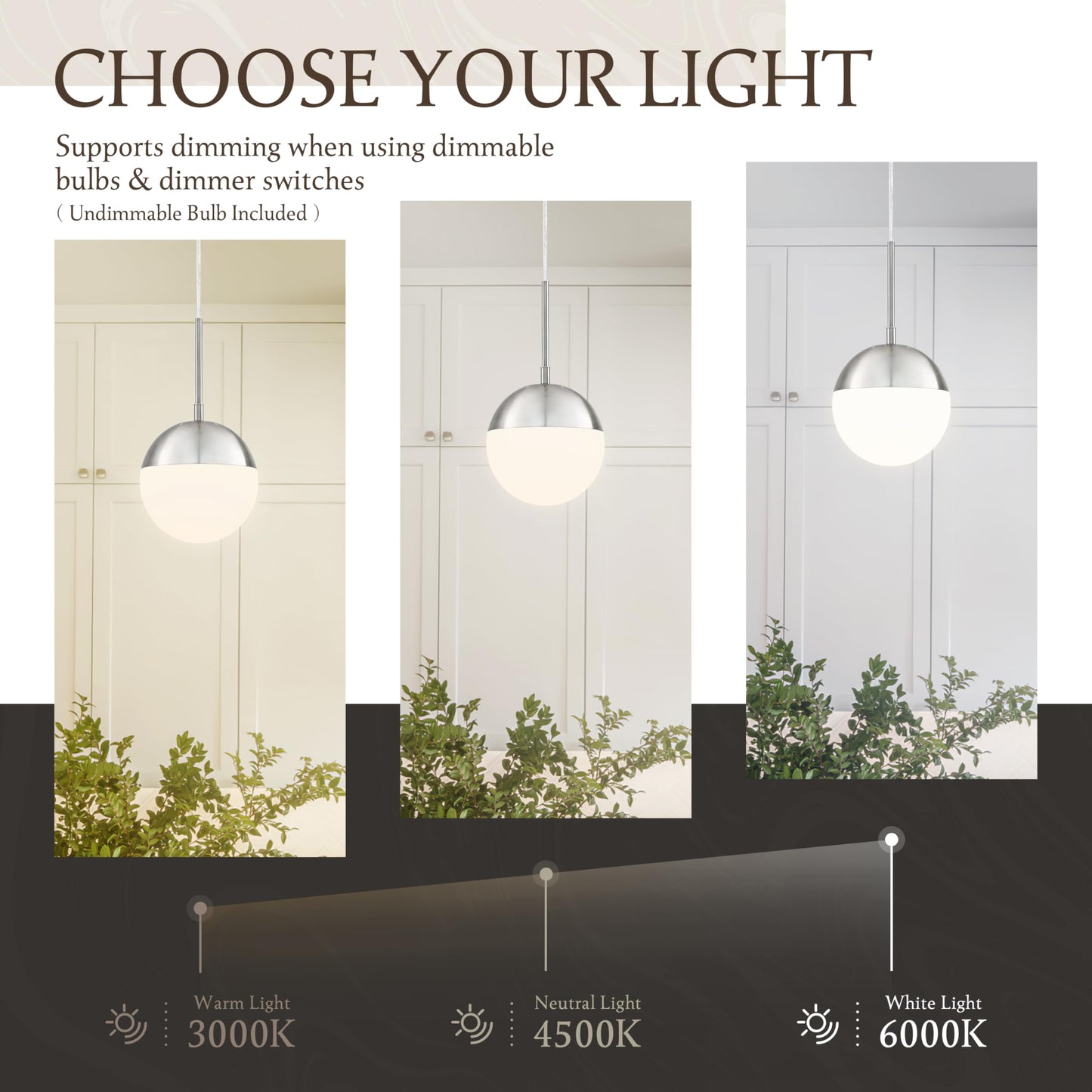 Mccokaige 6 Inch Nickel 2 Pack Mid Century Modern Pendant Light Pendants for Kitchen Island Frosted Milky White Glass Globe Height-Adjustable Modern Hanging Globe Pendant Light for Bedroom (Bulb Incl)