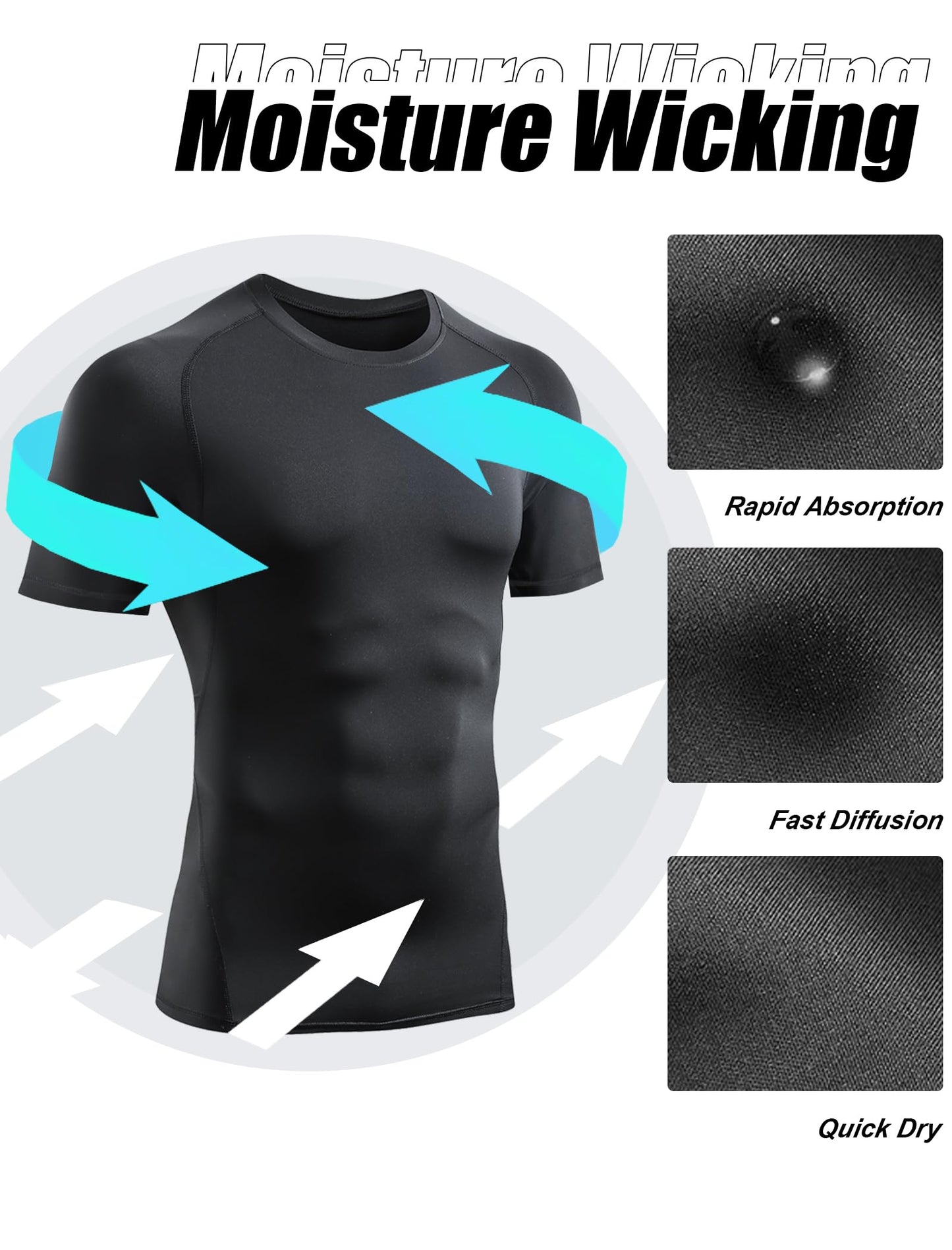 TELALEO 6 Pack Men's Compression Shirt Short Sleeve Athletic Baselayer Sports T Shirts Workout Tops for Men Black White M