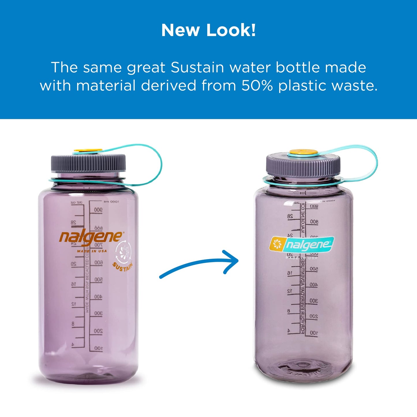 Nalgene Sustain Tritan BPA-Free Water Bottle Made with Material Derived from 50% Plastic Waste, 32 OZ, Wide Mouth, Pomegranate