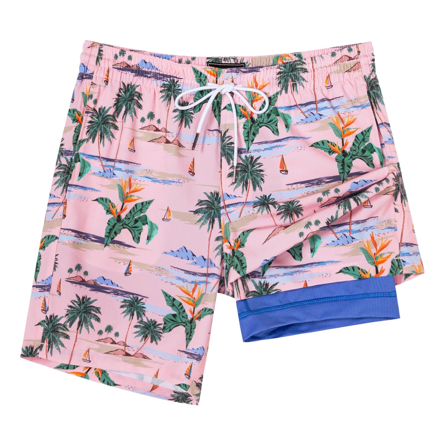 SURF CUZ Mens Swim Trunks with Compression Liner Quick Dry Swim Shorts 7" Swimming Trunks Stretch Bathing Suit 7 Inch,Pink Blue Sea,M