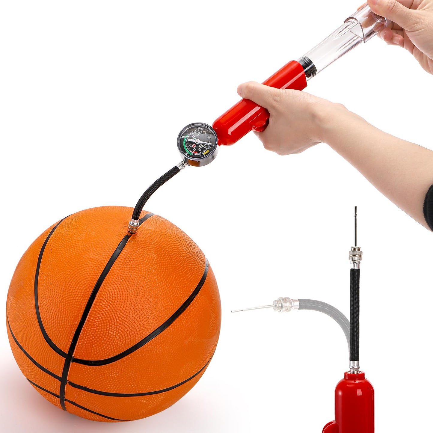 Lawei Ball Pump with Pressure Gauge, Dual Action Sports Ball Compact Pump with Needles and Nozzles, Portable Air Hand Pumps Little Pumps for Basketball, Football, Soccer Ball, Rugby, Volleyball, Red