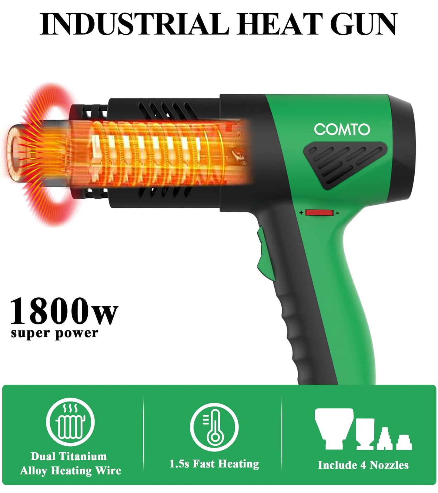 COMTO 1800W Industrial Heat Gun, Fast Heating 122℉-1202℉ Variable Temperature Control Overheat Protection 2 Speed Air Flow with 4 Nozzles for Crafts, Shrinking Tubing, Vinyl Wrap (SG-1004)