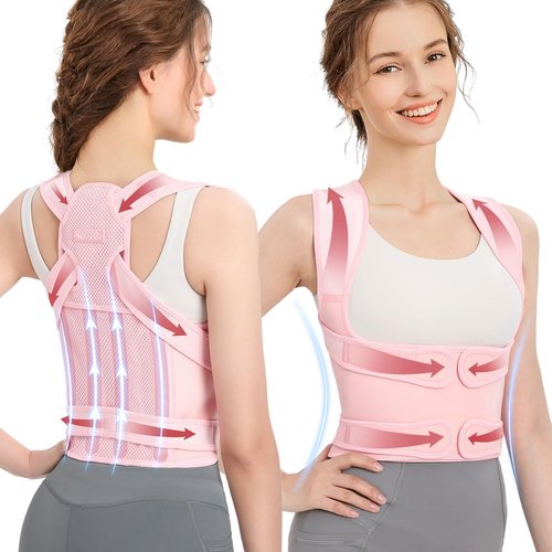Jeffski Posture Corrector Upgraded Back Brace for Women and Men, Adjustable Full Back Support, Shoulder Straightener for Hunchback, Scoliosis, Lumbar, Spine, Pink (Medium)