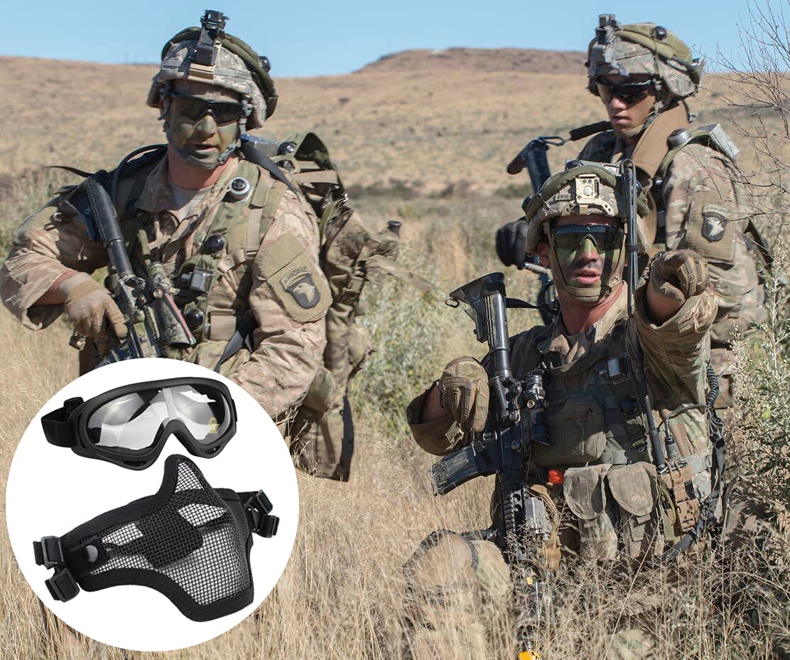 Aoutacc Airsoft Half Face Mask Steel Mesh and Goggles Set, Tactical Masks Protection Gear for Paintball BBS CS Nerf Game Cosplay Halloween Costume Accessories (Black)