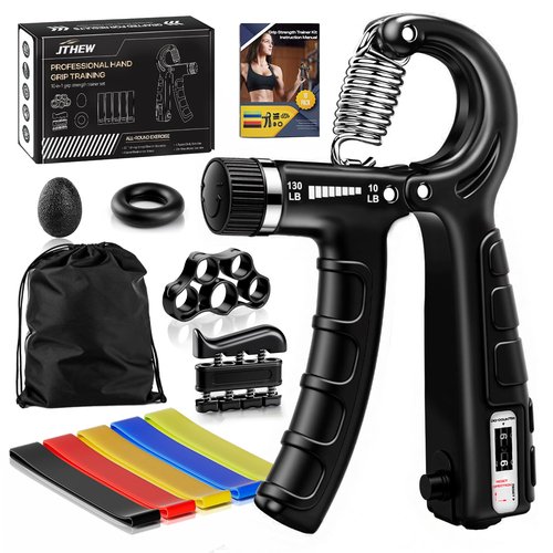 Grip Strength Trainer Kit (10-Pack): Adjustable Hand Gripper & Forearm Strengthener with Finger Stretcher, Ring, Stress Ball & 5 Bands for Muscle & Recovery.