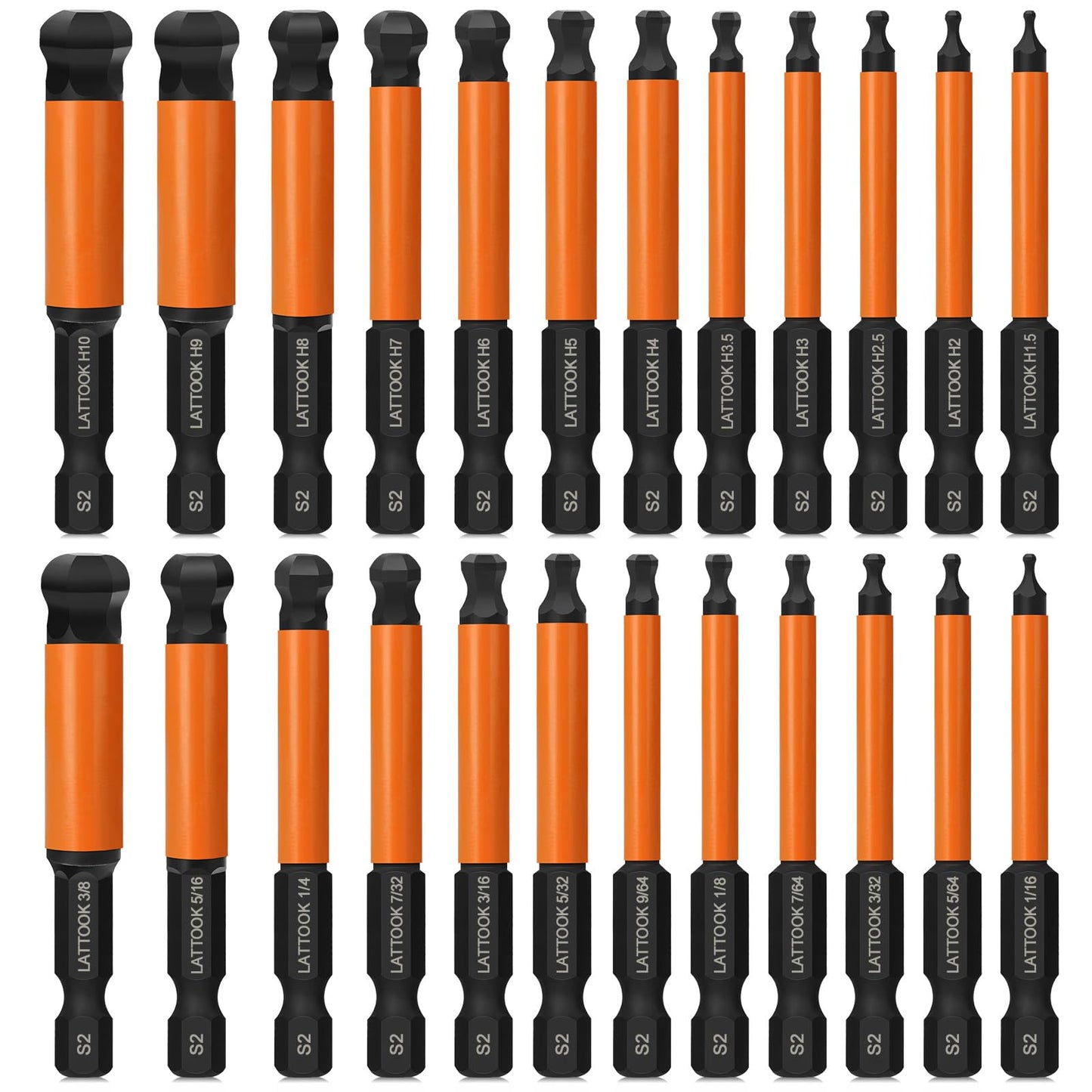 LATTOOK Ball End Hex Head Allen Wrench Drill Bit Set, 24PCS 2.5 Inch Metric & SAE Sizes Ball End Hex Bit Set Allen Key Set Hex Key Set, Magnetic Tipped, S2 Steel