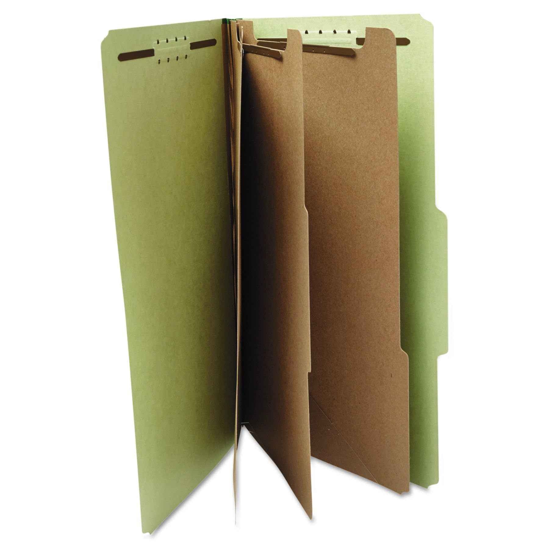 Universal Eight-Section Pressboard Classification Folders, 3" Expansion, 3 Dividers, 8 Fasteners, Legal Size, Green Exterior, 10/Box